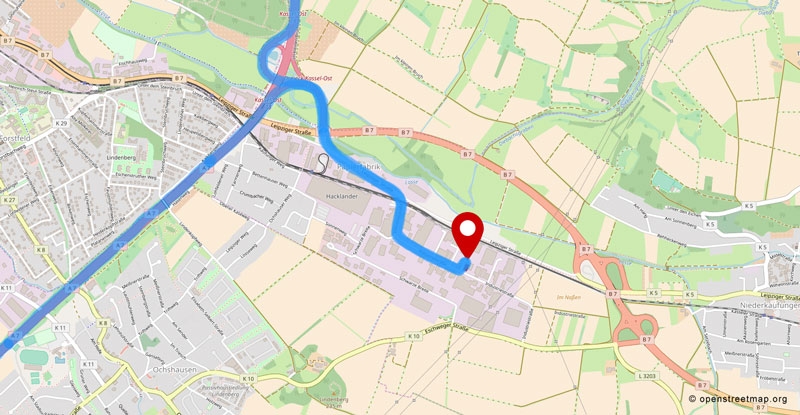 Karte mit eingezeichneter Anfahrtsroute via Autobahn A7